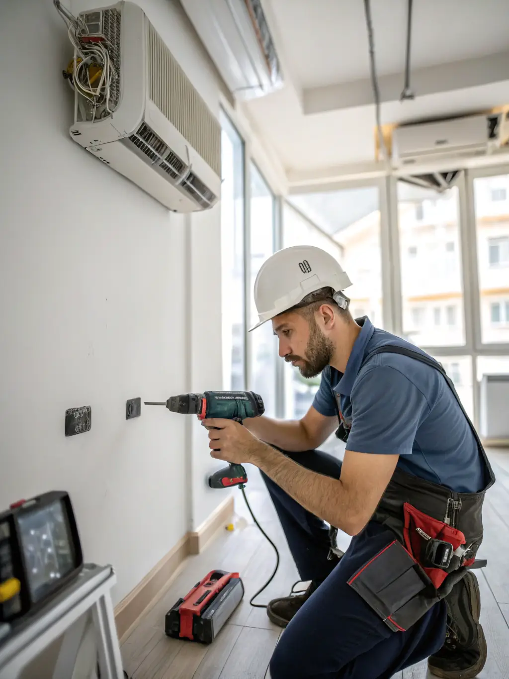 A professional technician in uniform expertly installing an air conditioning unit on a commercial office wall, using advanced tools and safety equipment.