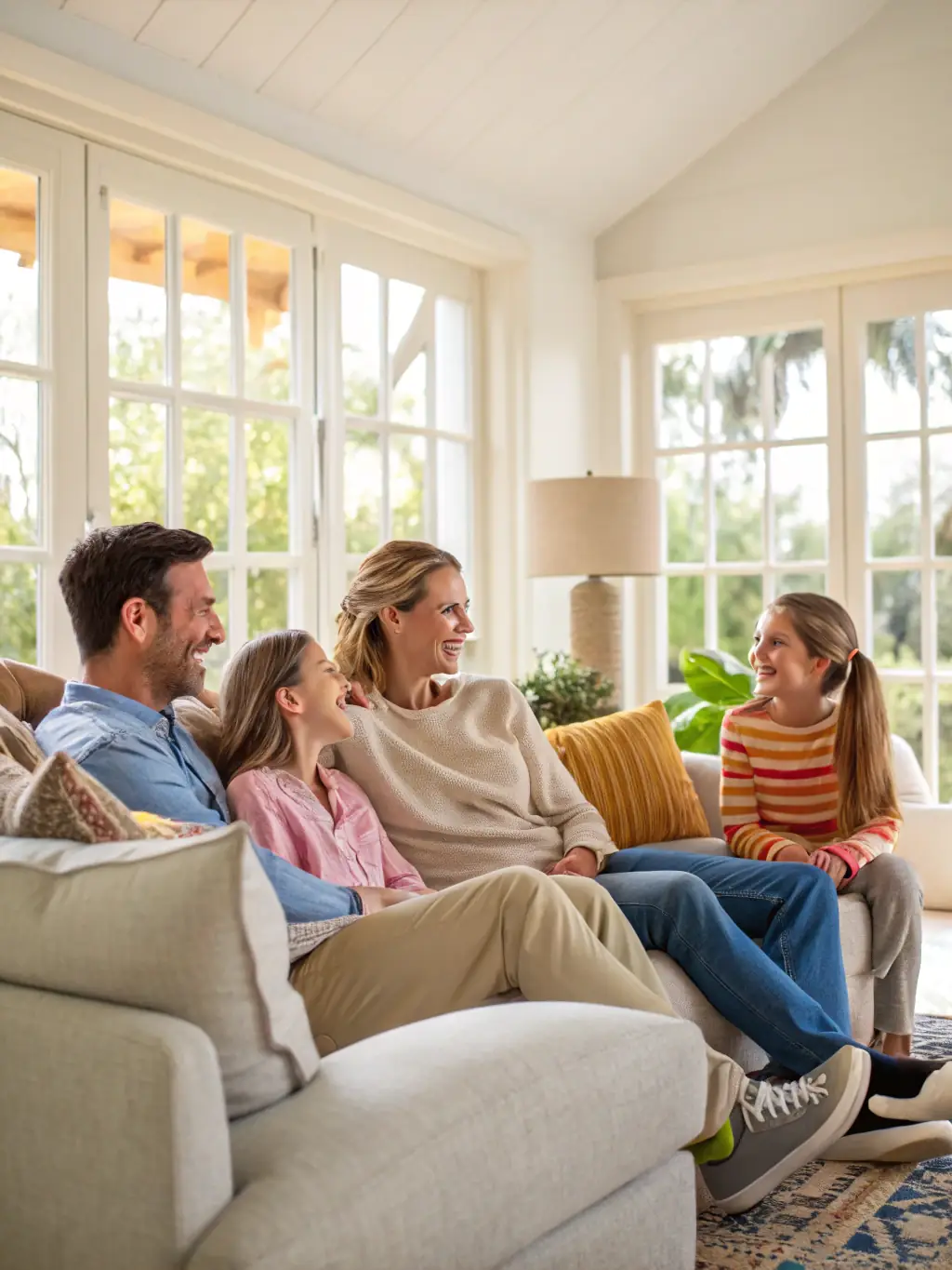 A modern split air conditioning unit installed in a stylish residential living room, with sunlight streaming through large windows and a comfortable family relaxing inside.