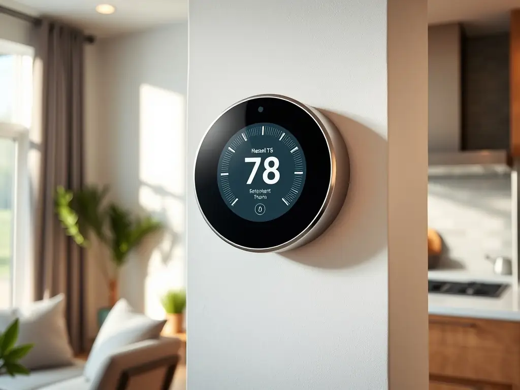 A close-up of a digital thermostat displaying an energy-saving mode, with a background of a bright, eco-friendly office space, highlighting the efficiency and modern technology of the air conditioning system.