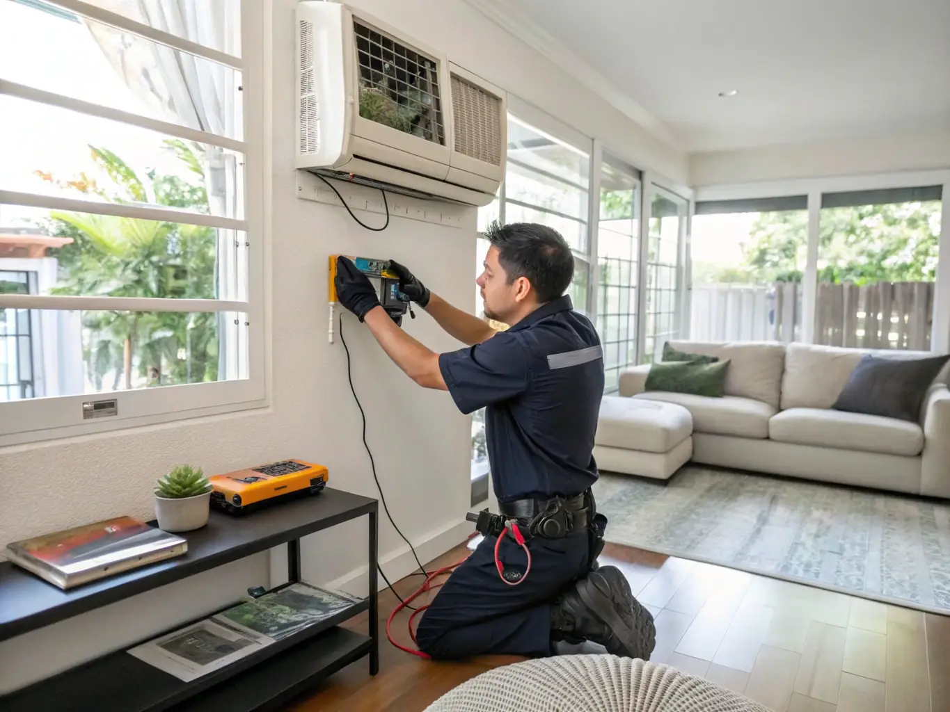 A professional technician in branded uniform servicing an air conditioning unit, smiling and interacting with a satisfied customer in a well-lit home environment, emphasizing expert support and customer care.