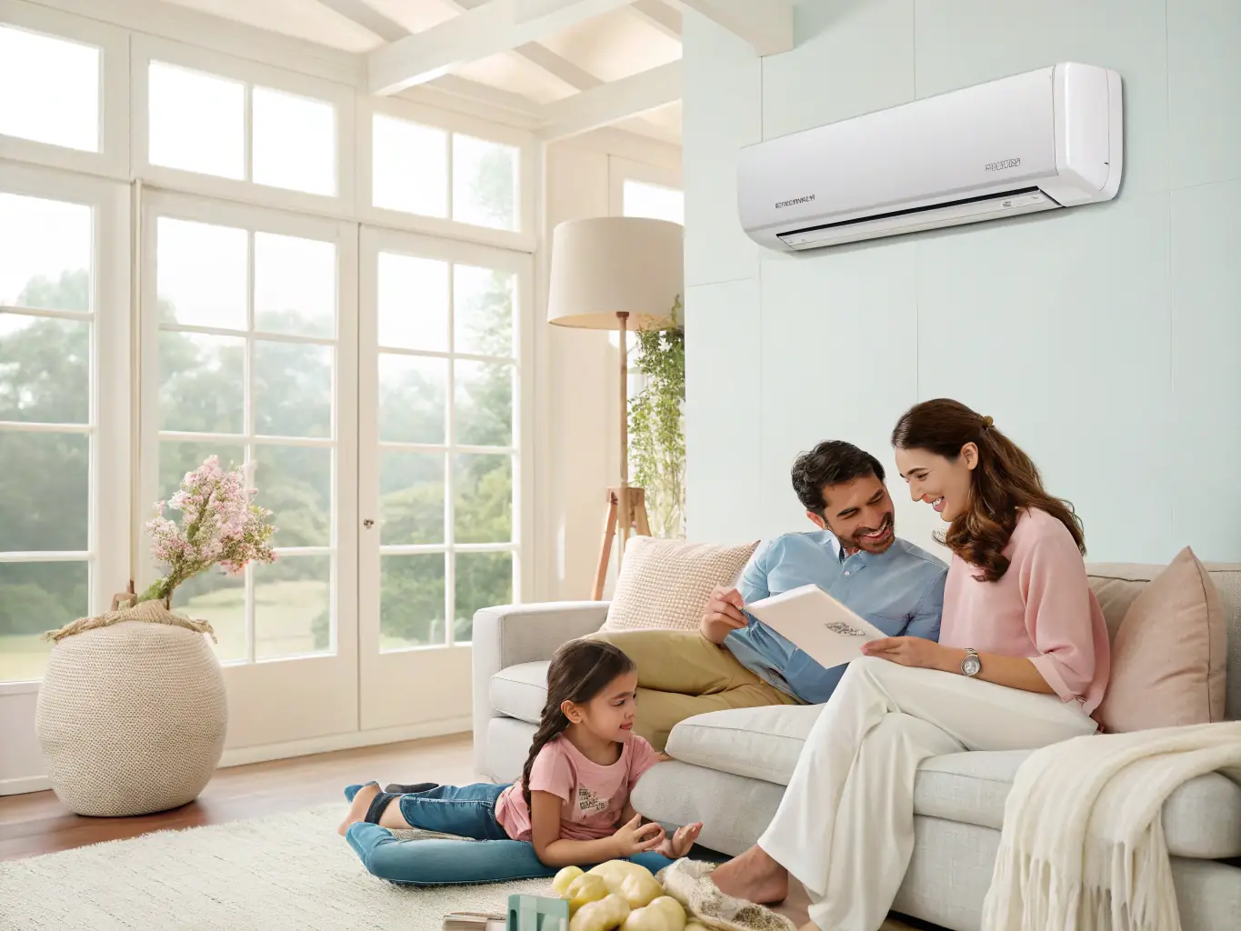 A modern, stylish living room with a discreet wall-mounted air conditioning unit, sunlight streaming through large windows, and a family relaxing comfortably, illustrating the comfort and aesthetic integration of the system.
