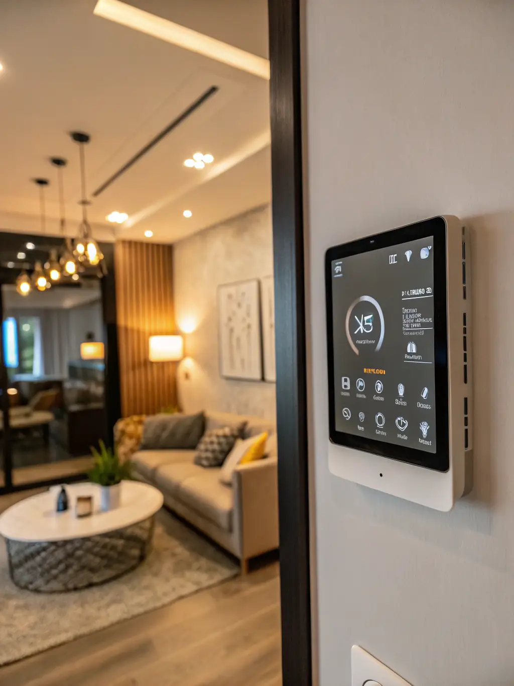 A close-up of a digital thermostat displaying energy-saving settings, with a background of a modern, eco-friendly home interior.